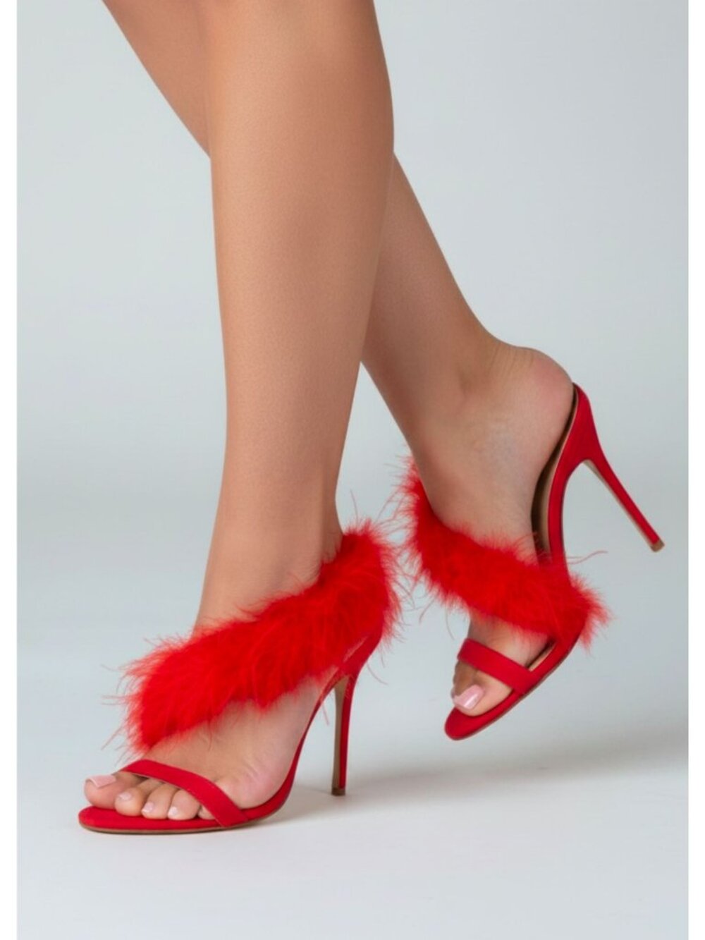 Red Fluffy Feather Strap Open-Toe Stiletto Heels For Women